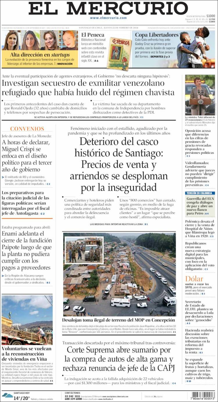 Portada de El Mercurio (Chile)