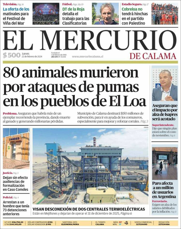 Portada de El Mercurio - Calama (Chile)