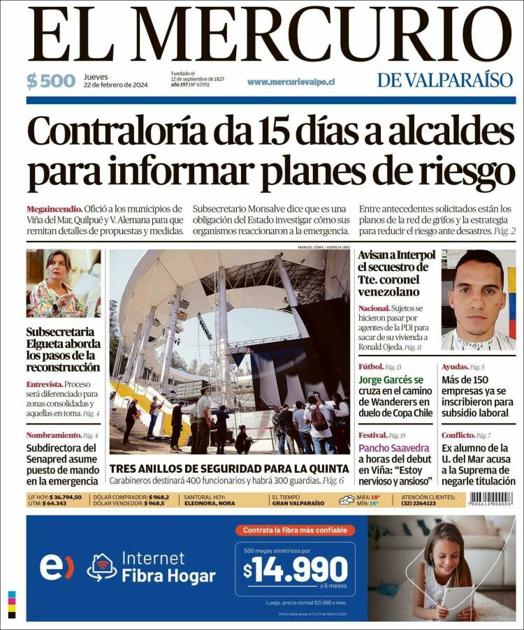 Portada de Mercurio de Valparaiso (Chile)