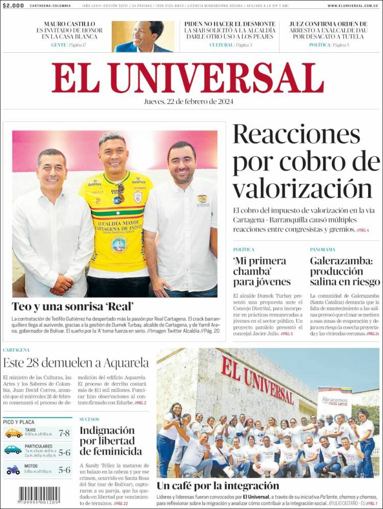 Portada de El Universal (Colombia)