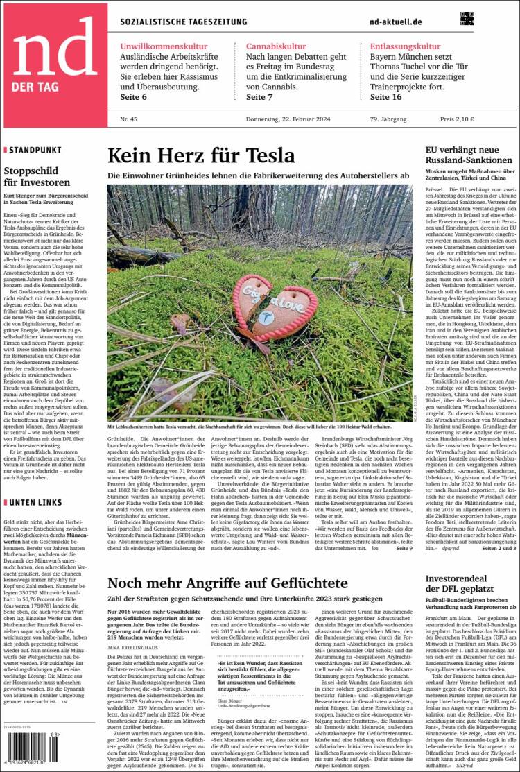 Portada de Neues Deutschland (Alemania)
