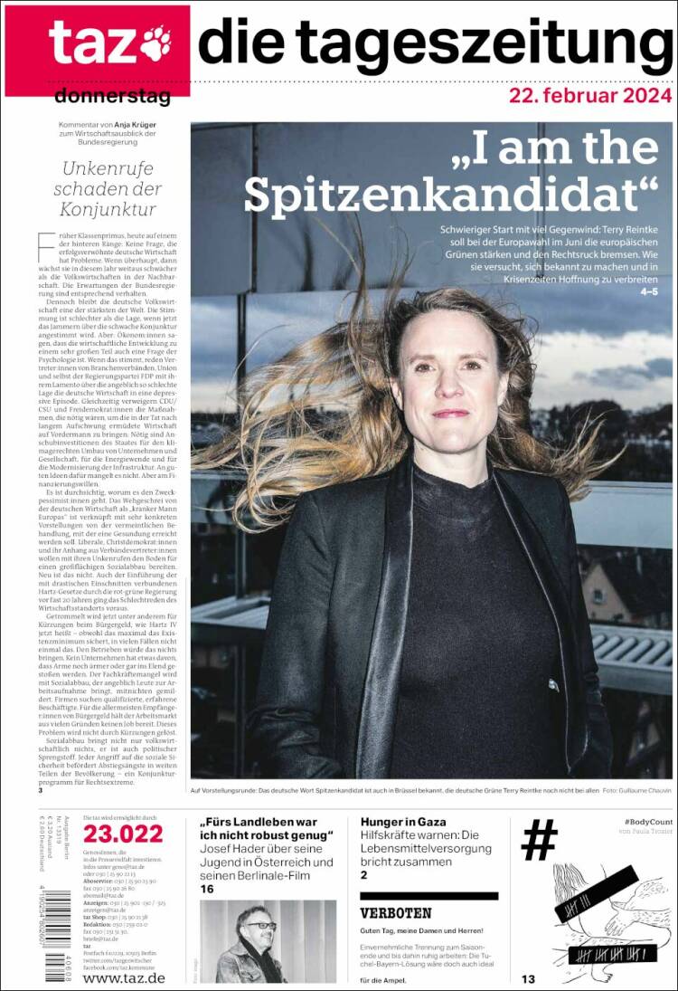 Portada de Die Tageszeitung (Alemania)