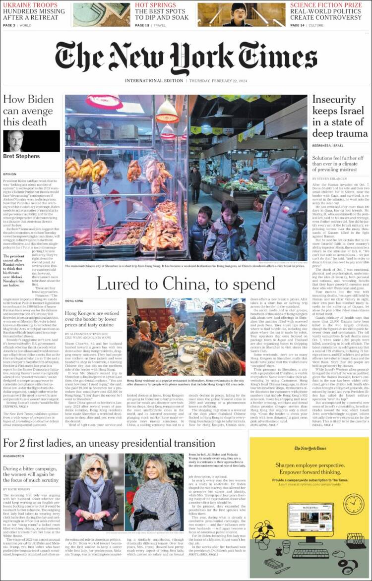 Portada de International New York Times (Europa)