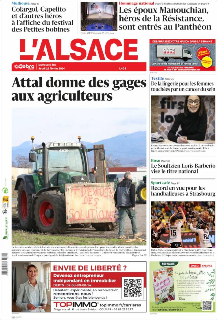 Portada de Journal L'Alsace (Francia)