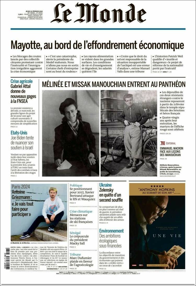 Portada de Le Monde (Francia)