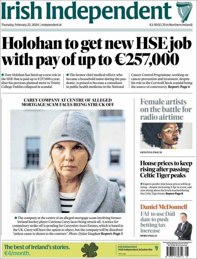 Portada de Irish Independent (Irlanda)