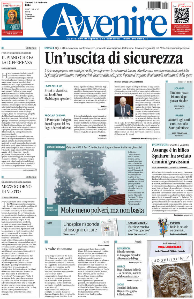 Portada de Avvenire (Italia)