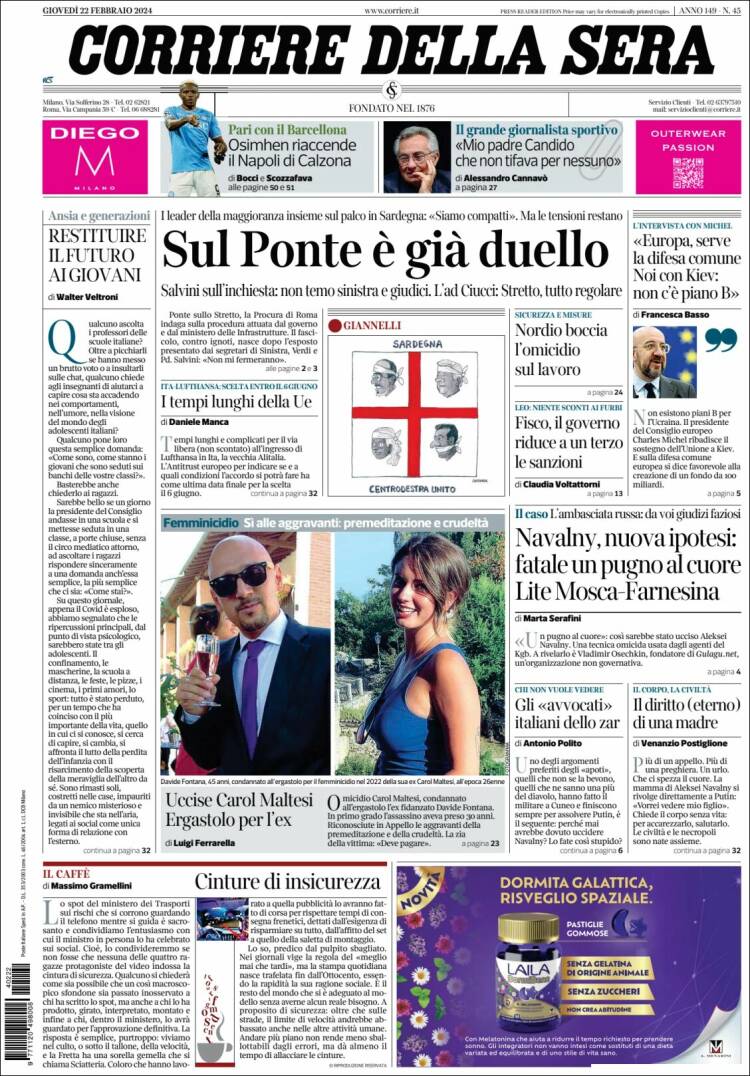 Portada de Corriere della Sera (Italia)