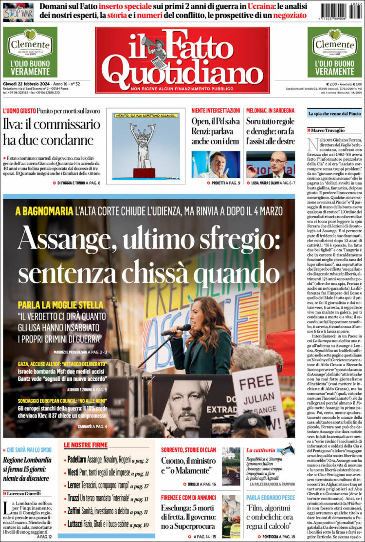 Portada de Il Fatto Quotidiano (Italia)