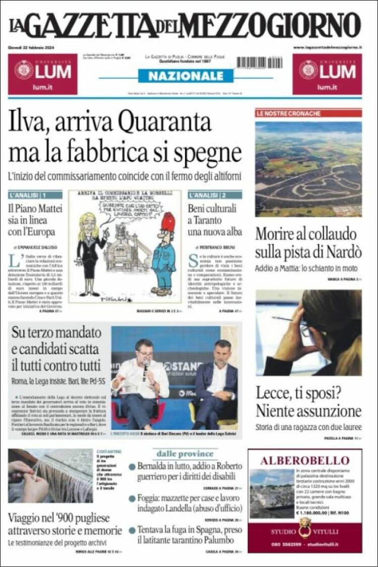 Portada de La Gazzetta del Mezzogiorno (Italia)