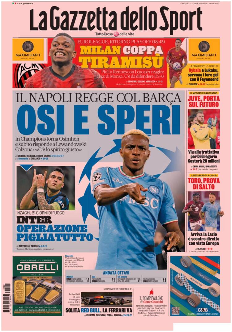 Portada de La Gazzetta dello Sport (Italia)
