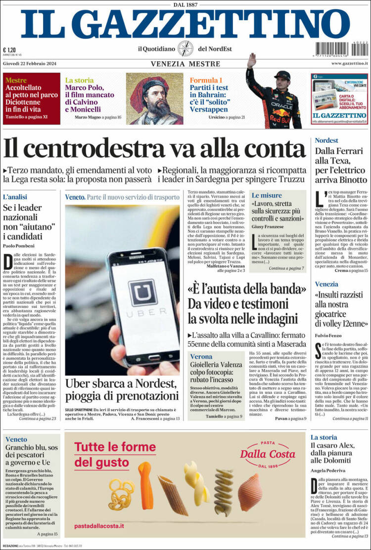Portada de Il Gazzettino (Italia)