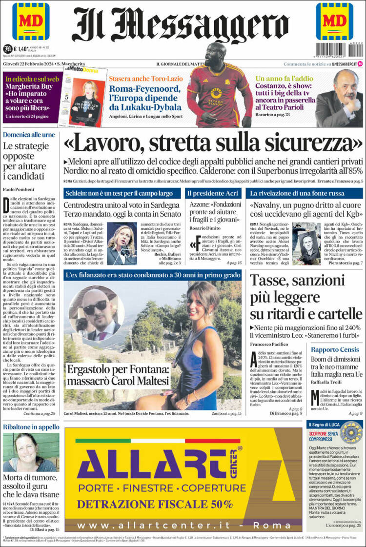 Portada de Il Messaggero (Italia)