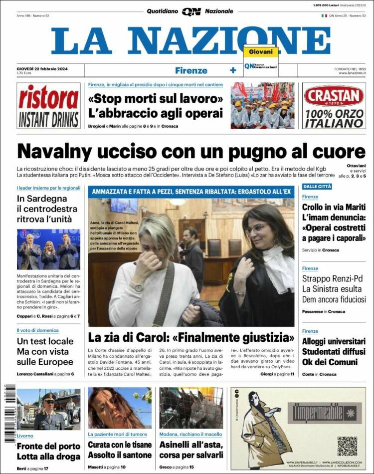 Portada de La Nazione (Italia)