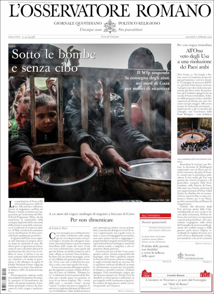 Portada de L'Osservatore Romano (Italia)