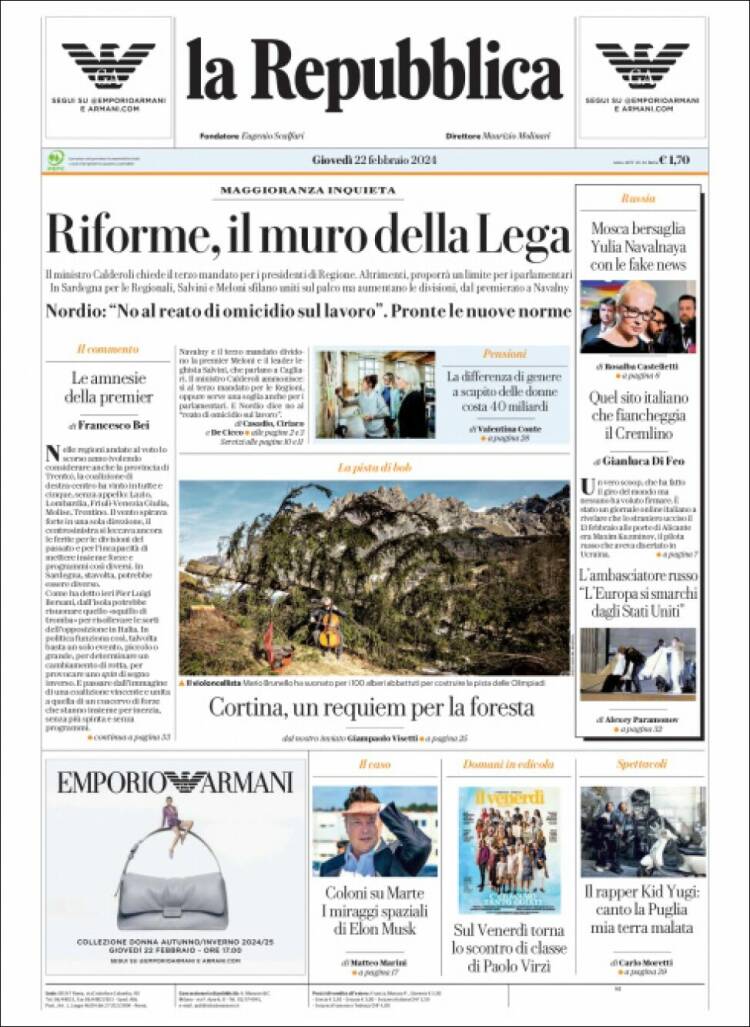 Portada de La Repubblica (Italia)