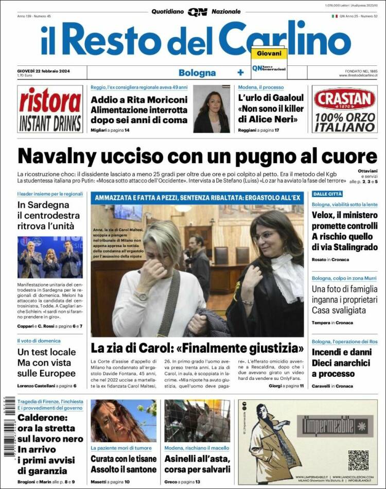 Portada de Il Resto del Carlino (Italia)