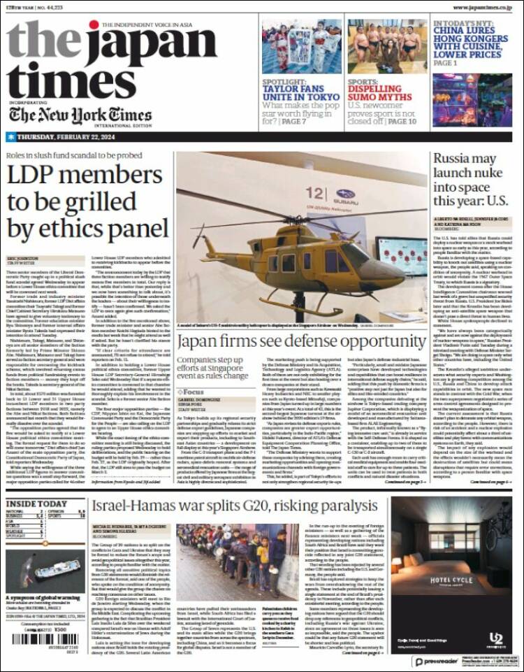 Portada de The Japan Times (Jap&oacute;n)