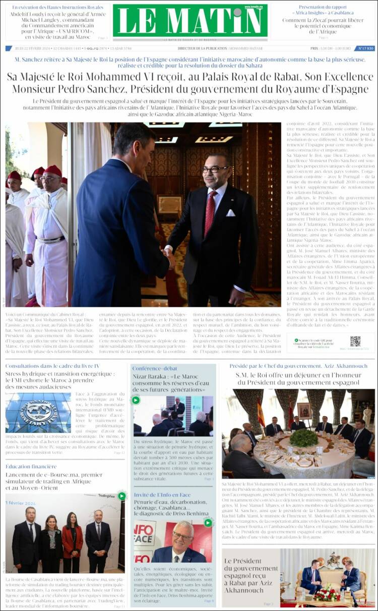 Portada de Le Matin (Marruecos)