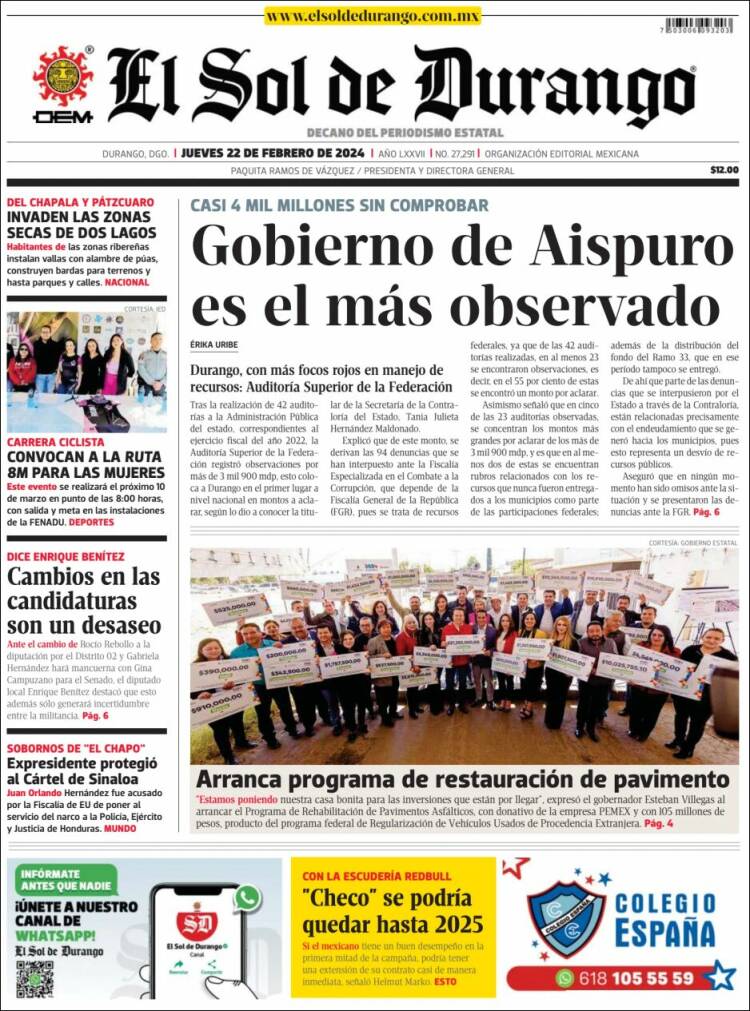 Portada de El Sol de Durango (M&eacute;xico)