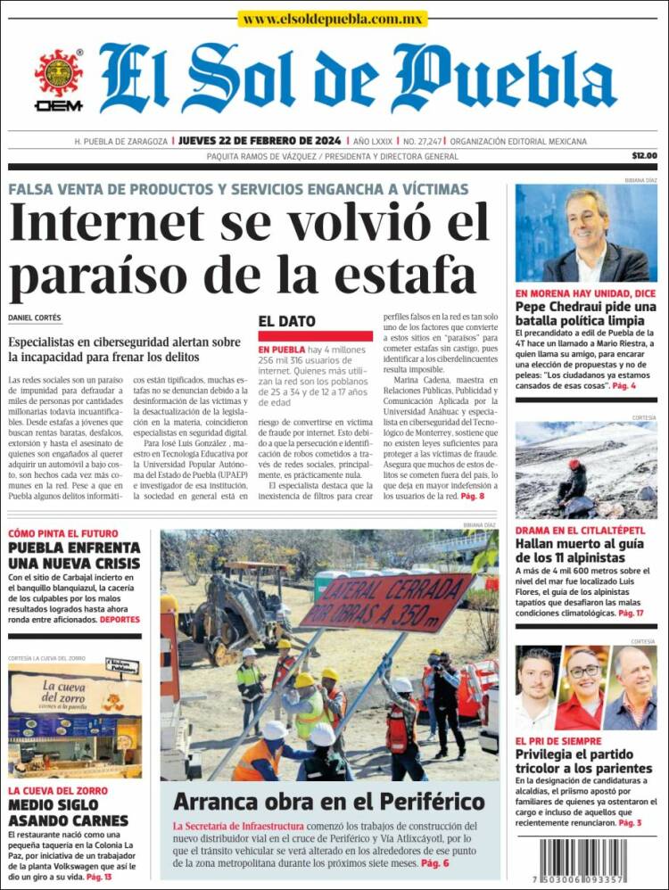 Portada de El Sol de Puebla (M&eacute;xico)