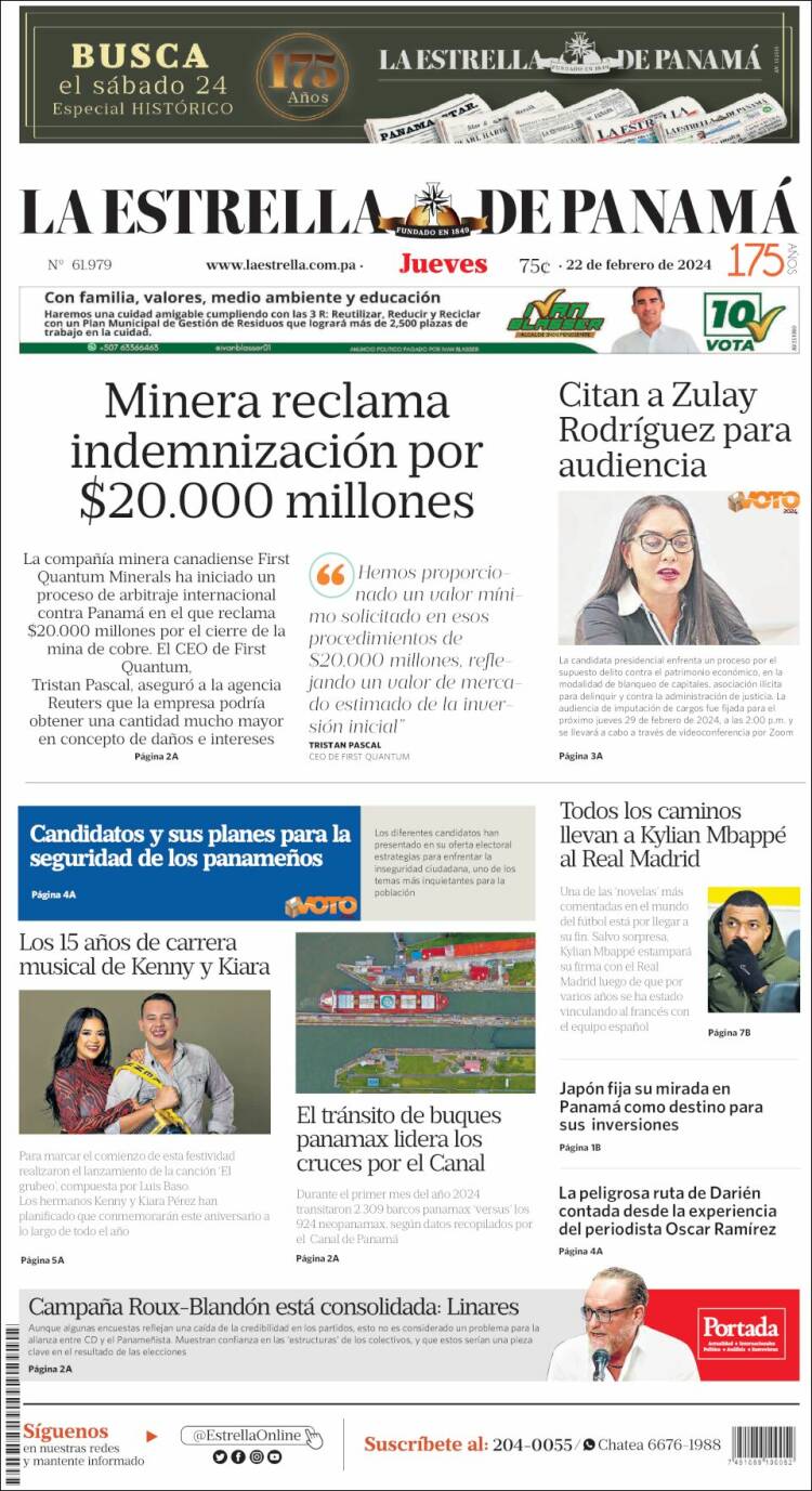 Portada de La Estrella de Panamá (Panam&aacute;)