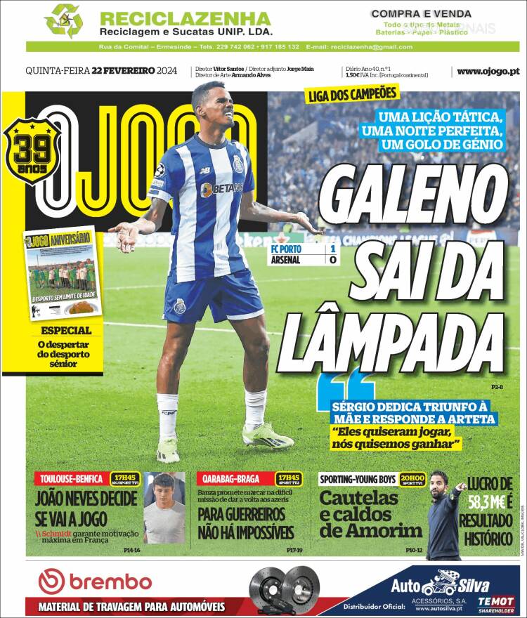 Portada de O Jogo (Portugal)