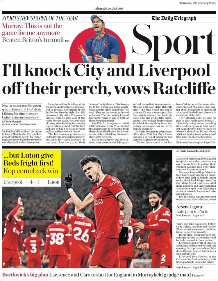 Portada de Telegraph Sport (Reino Unido)