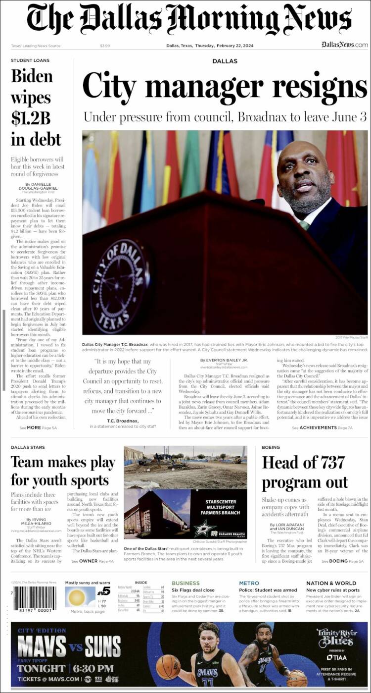 Portada de Dallas Morning News (USA)