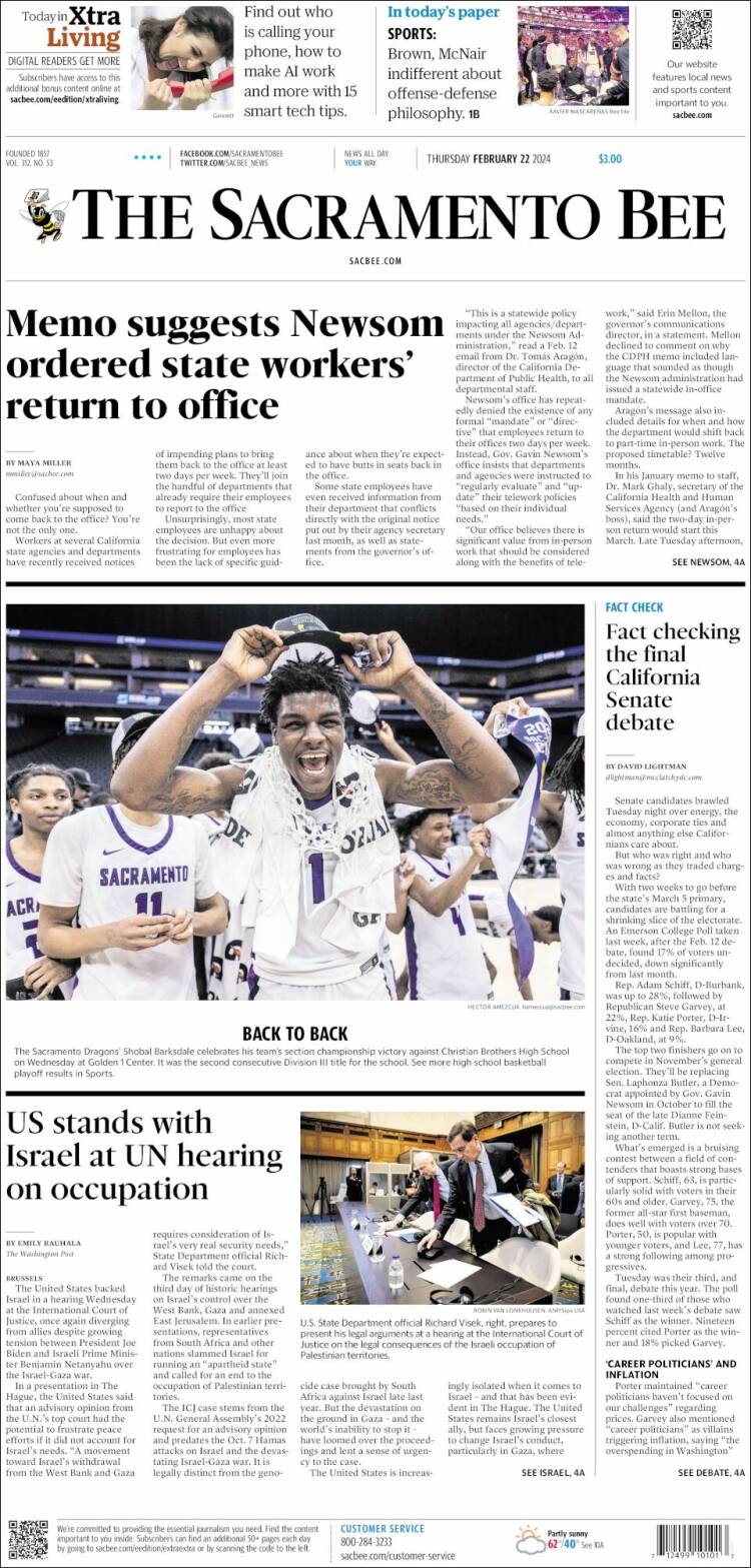 Portada de The Sacramento Bee (USA)