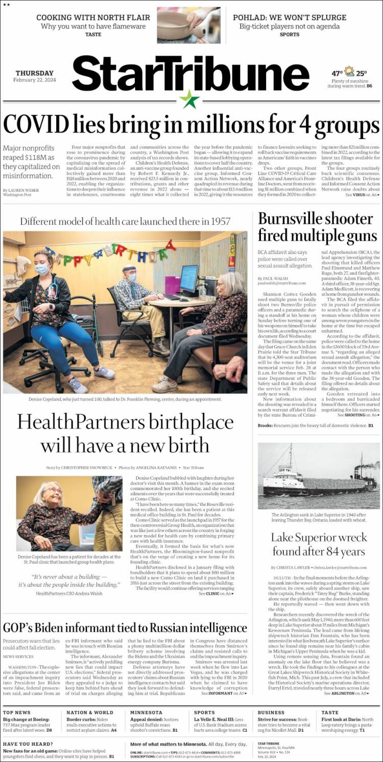 Portada de Star Tribune (USA)