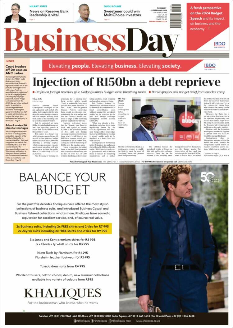 Portada de Business Day (Sud&aacute;frica)