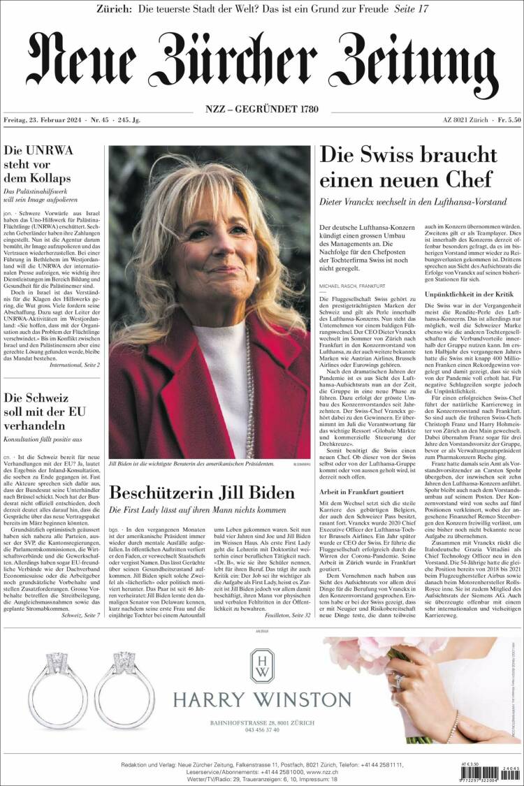 Portada de Neue Zürcher Zeitung (Suiza)