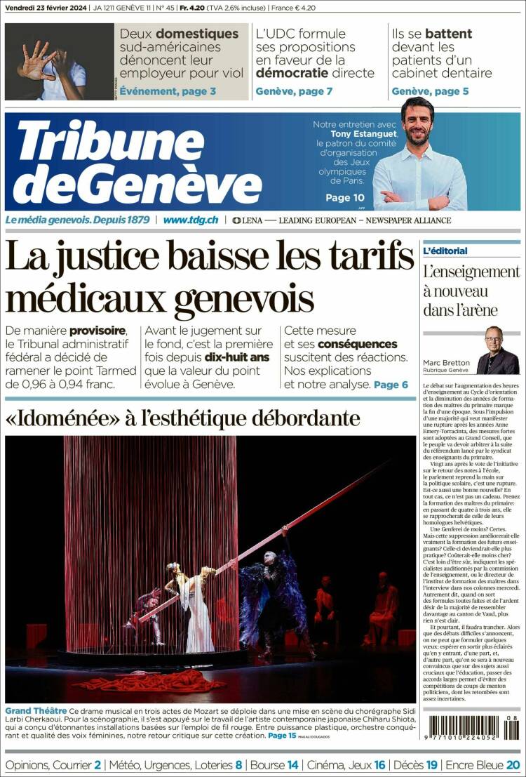 Portada de La Tribune de Genève (Suiza)