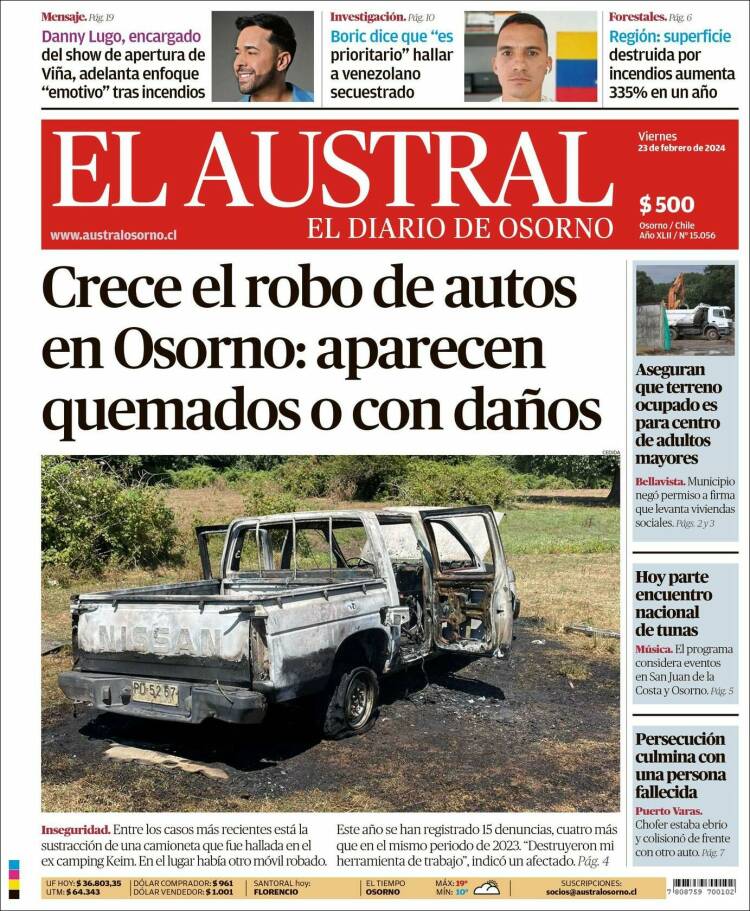 Portada de El Austral de Osorno (Chile)