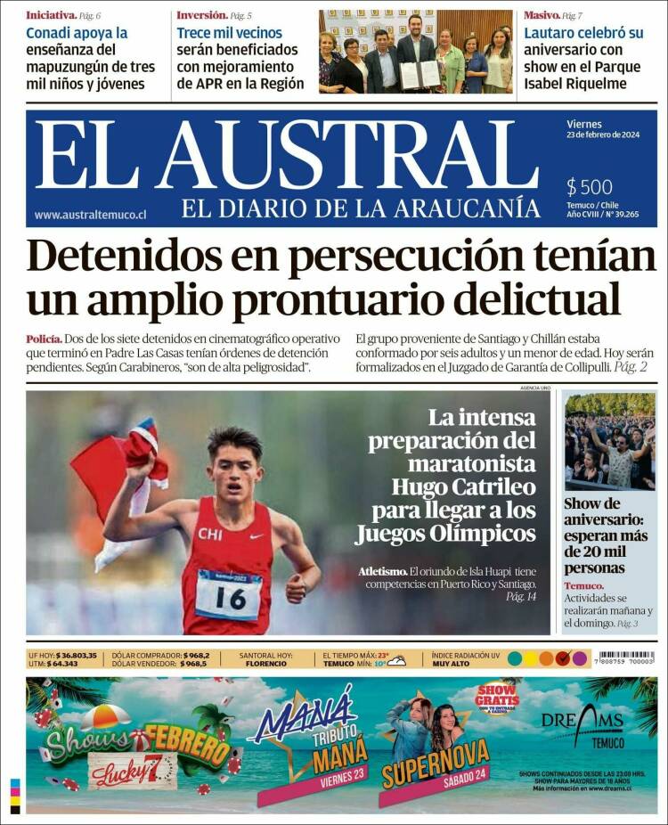 Portada de El Austral de Temuco (Chile)