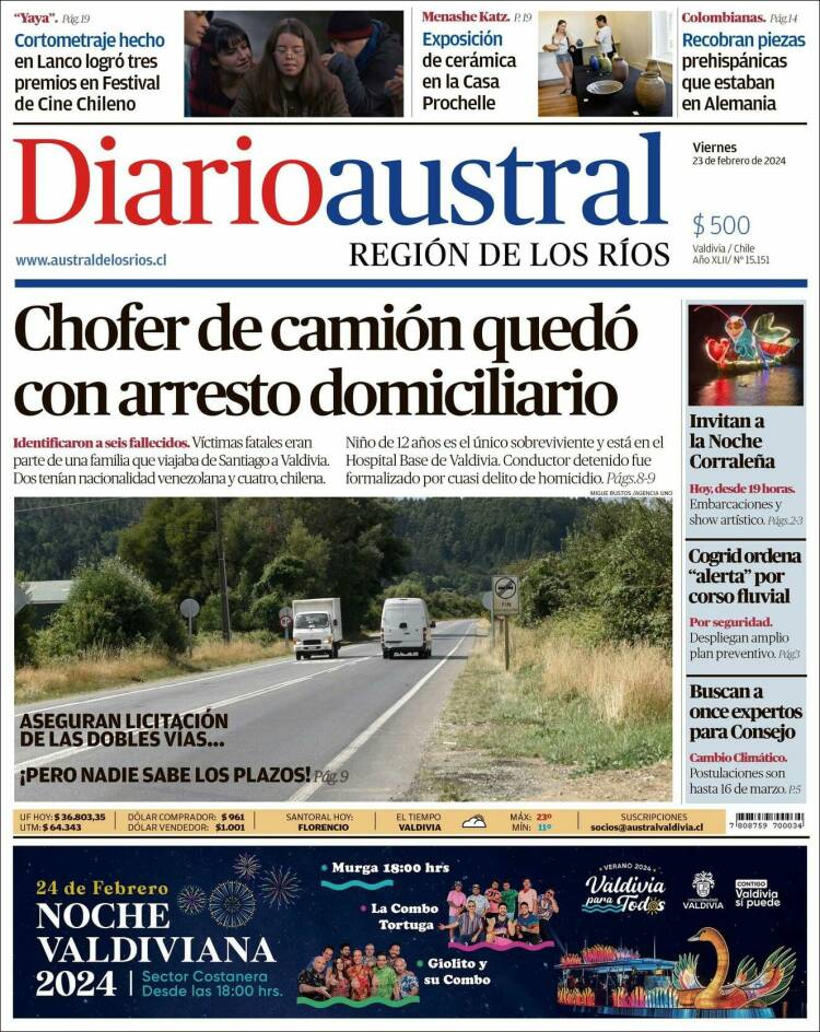 Portada de El Diario Austral de Valdivia (Chile)