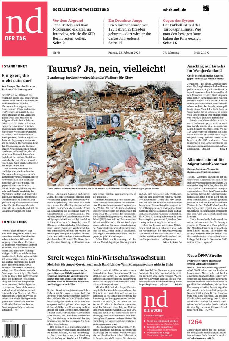 Portada de Neues Deutschland (Alemania)