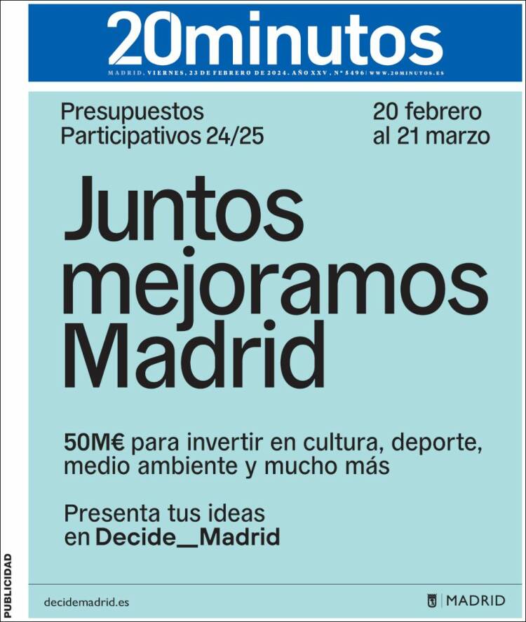 Portada de 20 Minutos - Madrid (España)