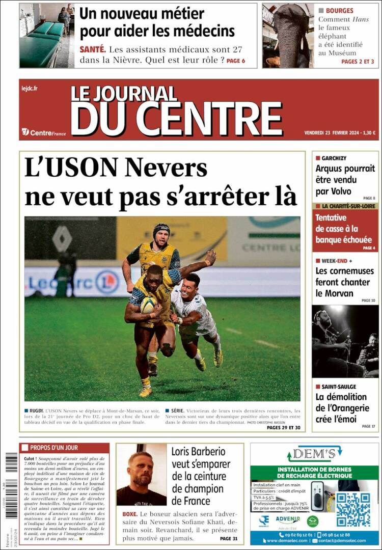 Portada de Le Journal du Centre (Francia)