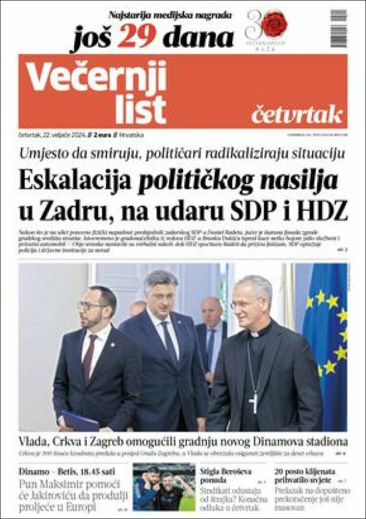 Portada de Večernji (Croacia)
