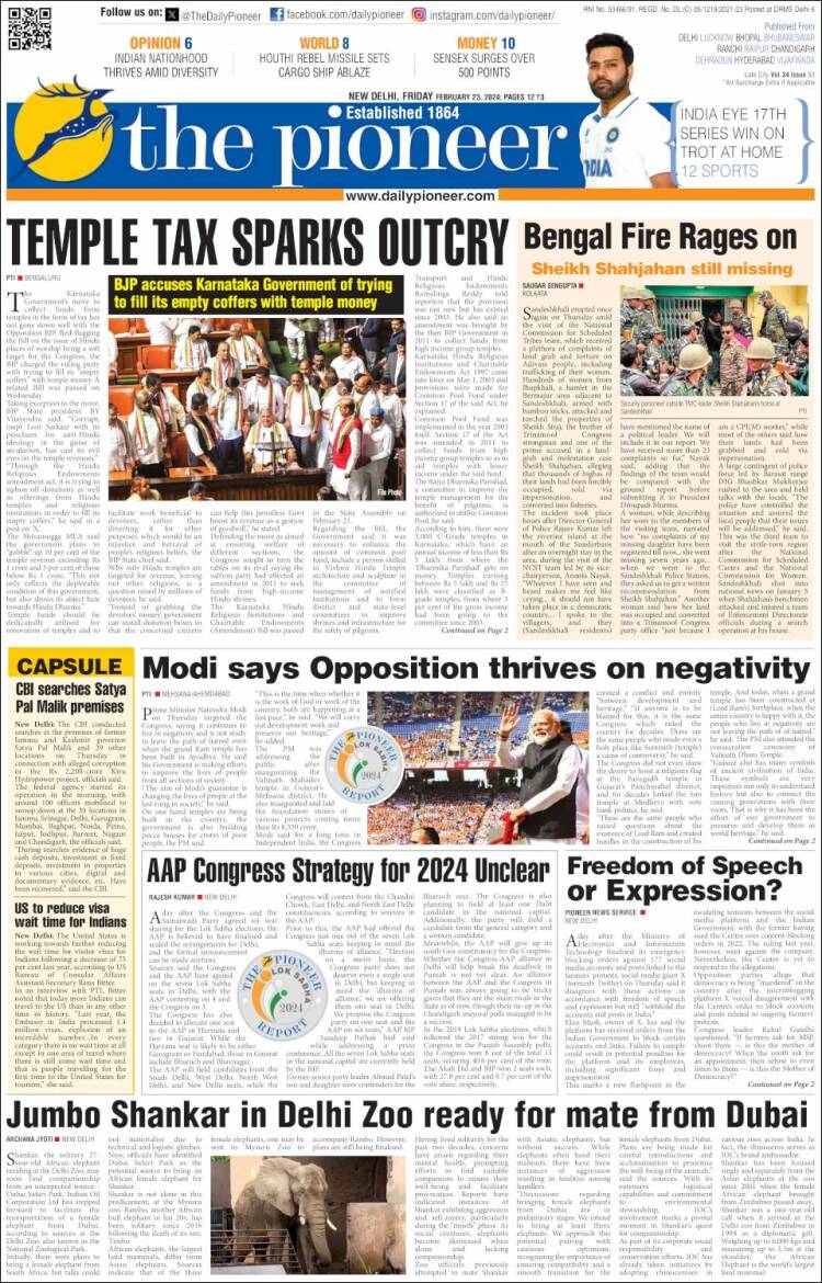 Portada de The Pioneer (India)