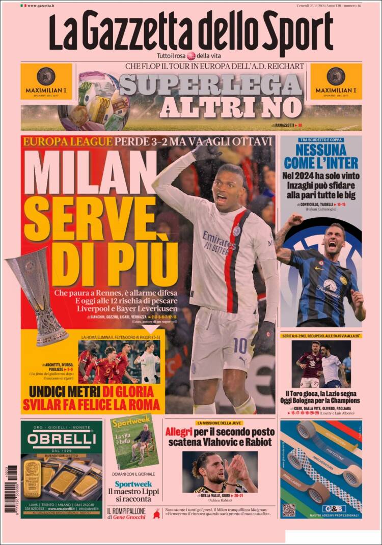 Portada de La Gazzetta dello Sport (Italia)