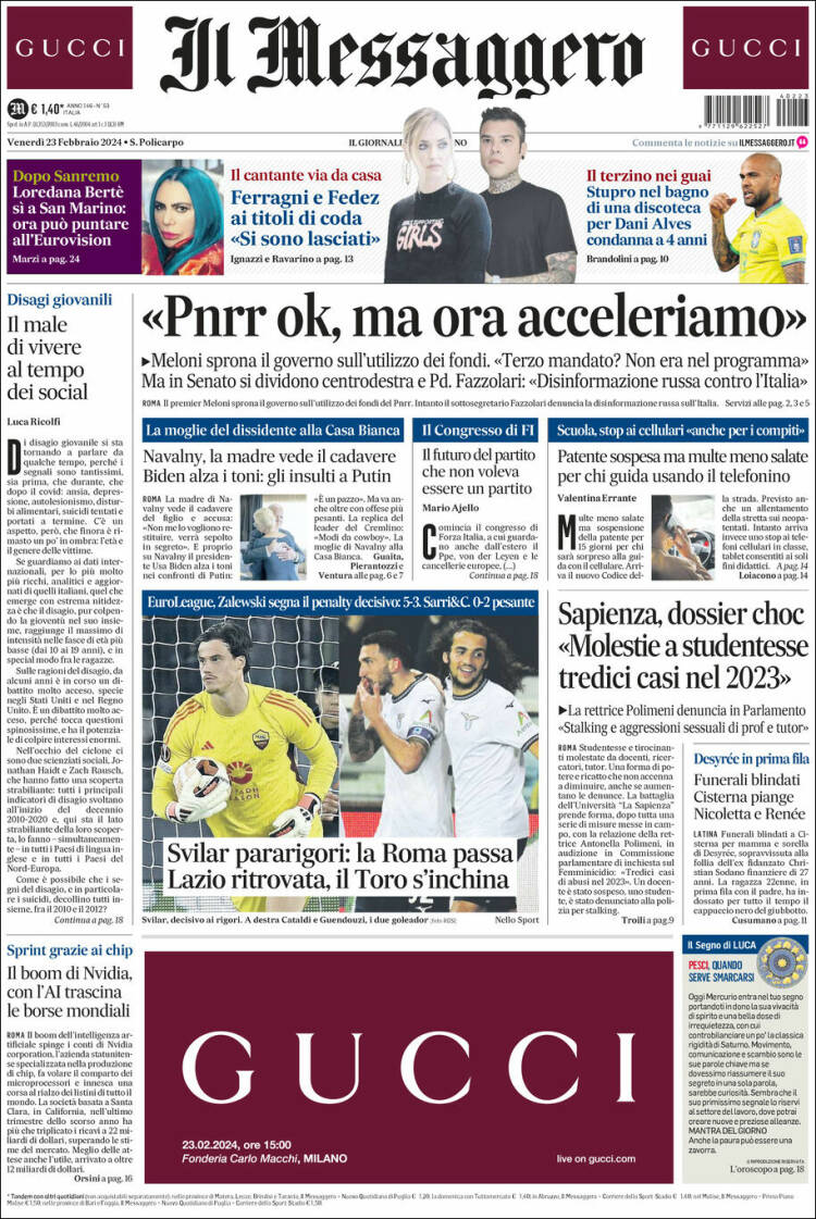 Portada de Il Messaggero (Italia)