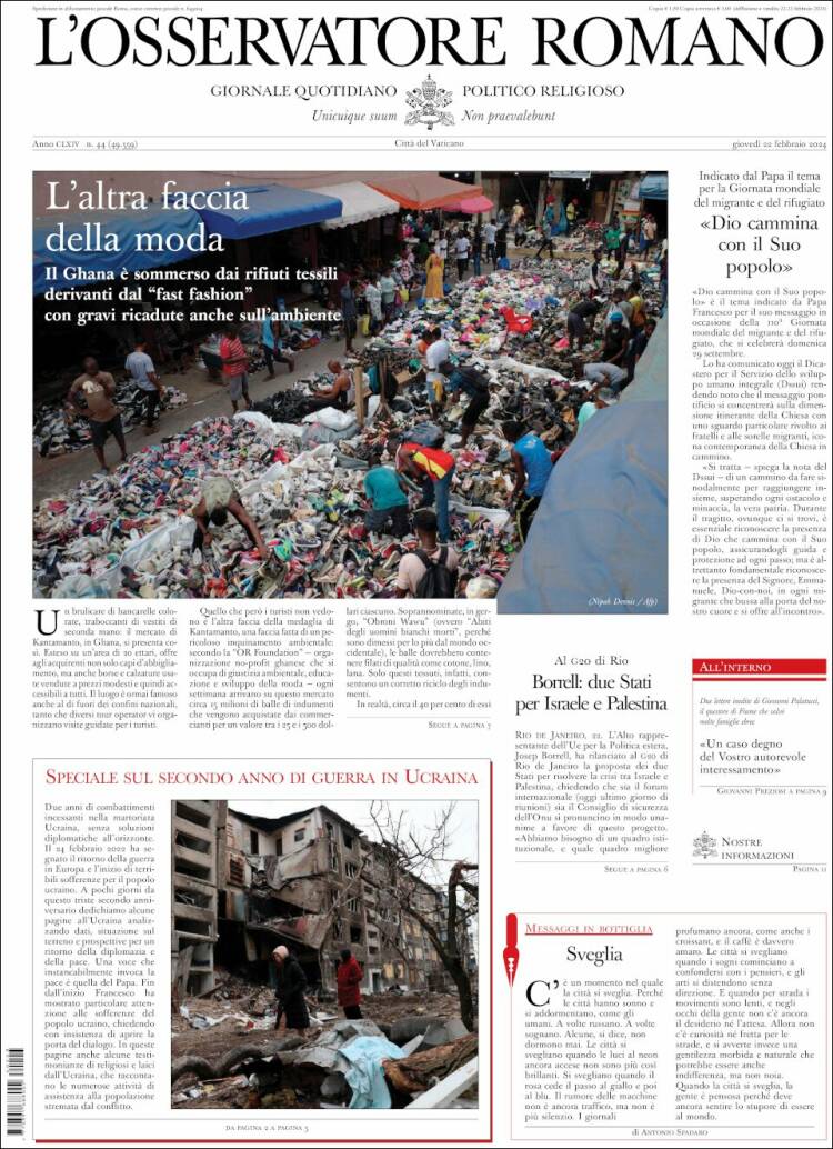 Portada de L'Osservatore Romano (Italia)