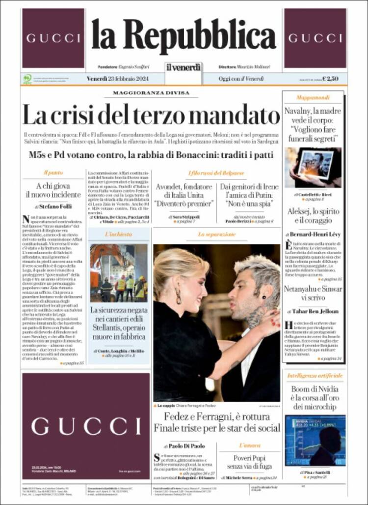Portada de La Repubblica (Italia)