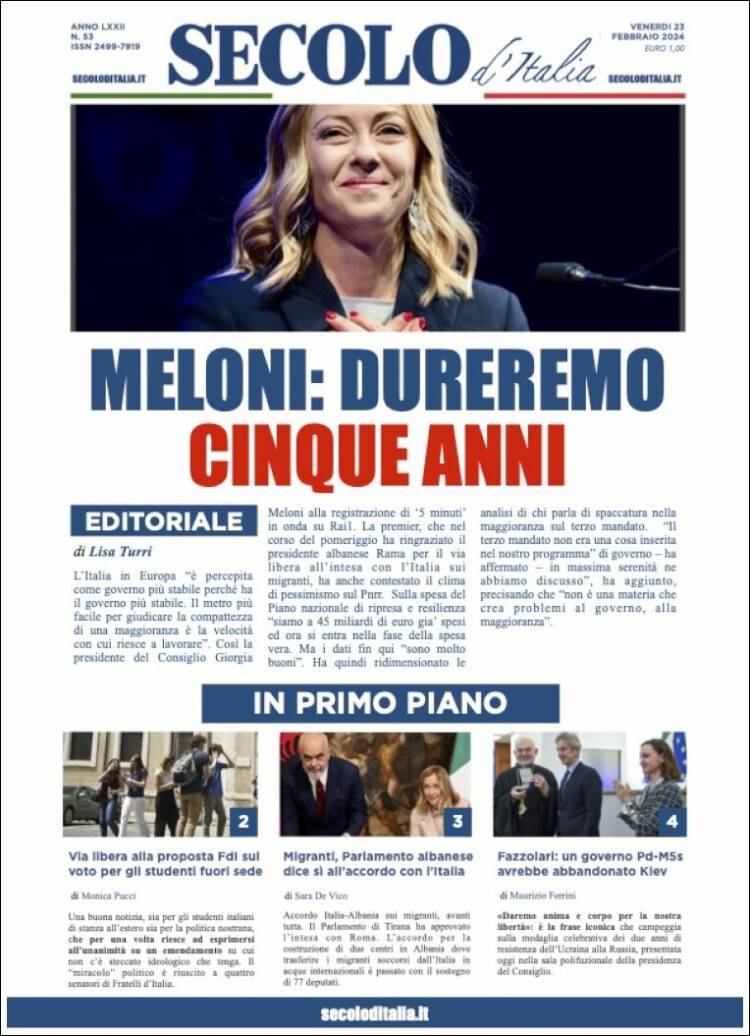 Portada de Secolo d'Italia (Italia)