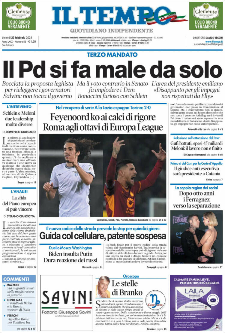 Portada de Il Tempo (Italia)