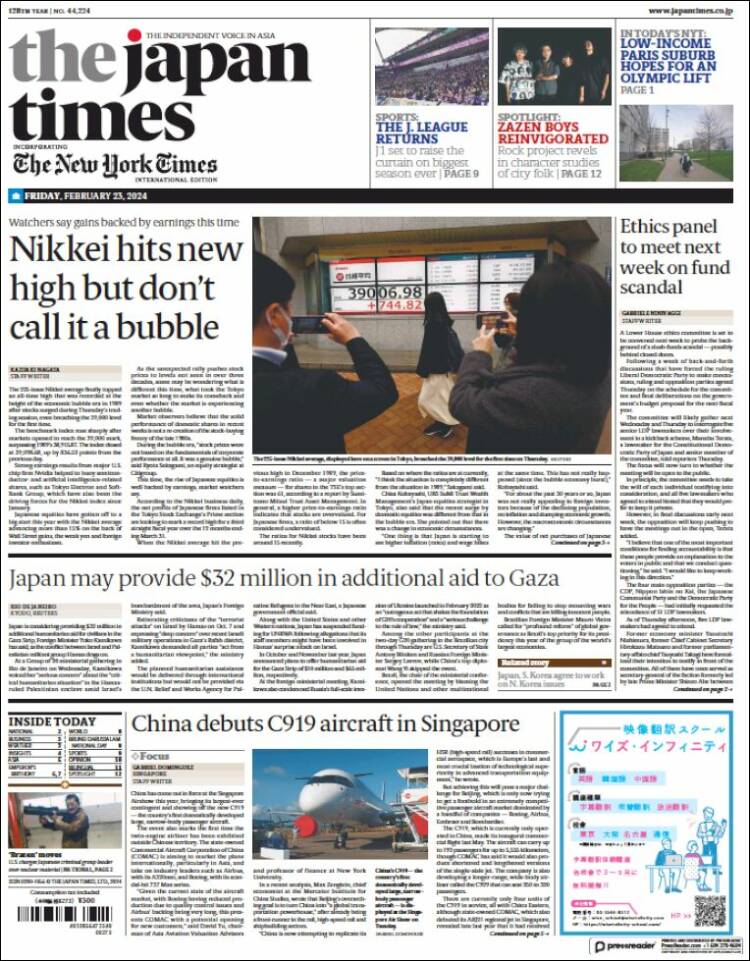 Portada de The Japan Times (Jap&oacute;n)