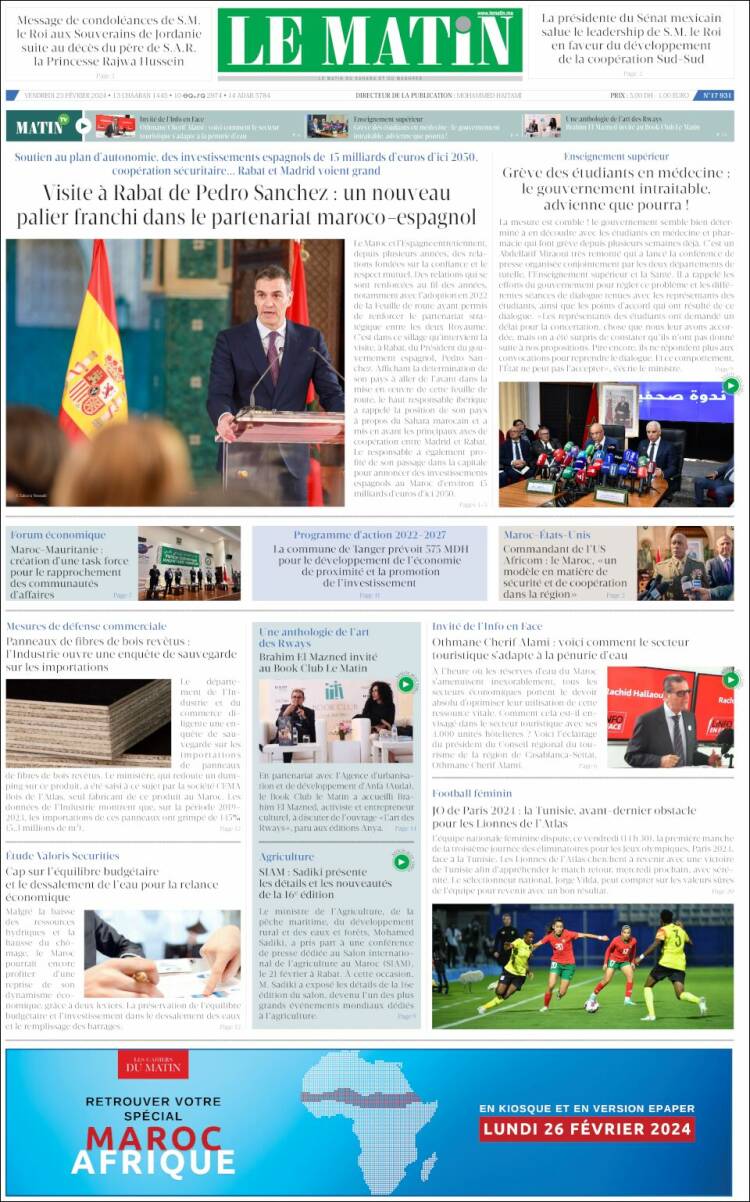 Portada de Le Matin (Marruecos)